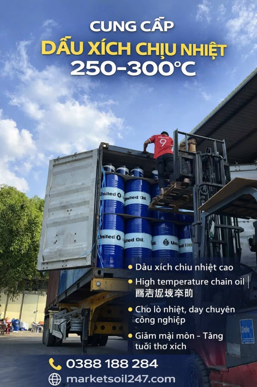 Cung cấp dầu xích chịu nhiệt tại Yên Bái 20 Cung cấp dầu xích chịu nhiệt tại Yên Bái 250–300°C cho lò nung, lò sấy, lò sơn tĩnh điện, băng tải xích, dây chuyền công nghiệp Shell, Total, Klüber, Castrol, Mobil, Fuchs, Idemitsu, Molygraph, United Oil High Temperature Chain Oil 高温链条油