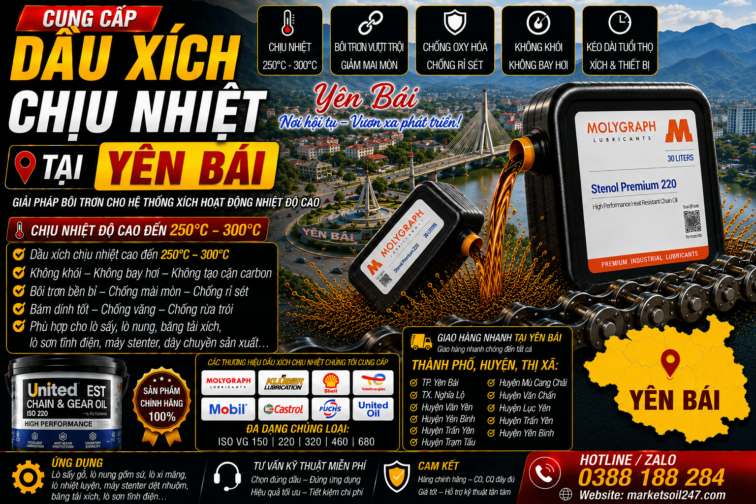 Cung cấp dầu xích chịu nhiệt tại Yên Bái 17 Cung cấp dầu xích chịu nhiệt tại Yên Bái 250–300°C cho lò nung, lò sấy, lò sơn tĩnh điện, băng tải xích, dây chuyền công nghiệp Shell, Total, Klüber, Castrol, Mobil, Fuchs, Idemitsu, Molygraph, United Oil High Temperature Chain Oil 高温链条油
