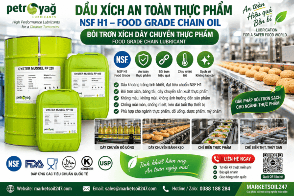 Cung cấp dầu xích an toàn thực phẩm NSF H1 – Food Grade Chain Oil, Food Grade Chain Lubricant dùng bôi trơn xích, băng tải và dây chuyền thực phẩm. 食品级链条油 – 食品级润滑油.