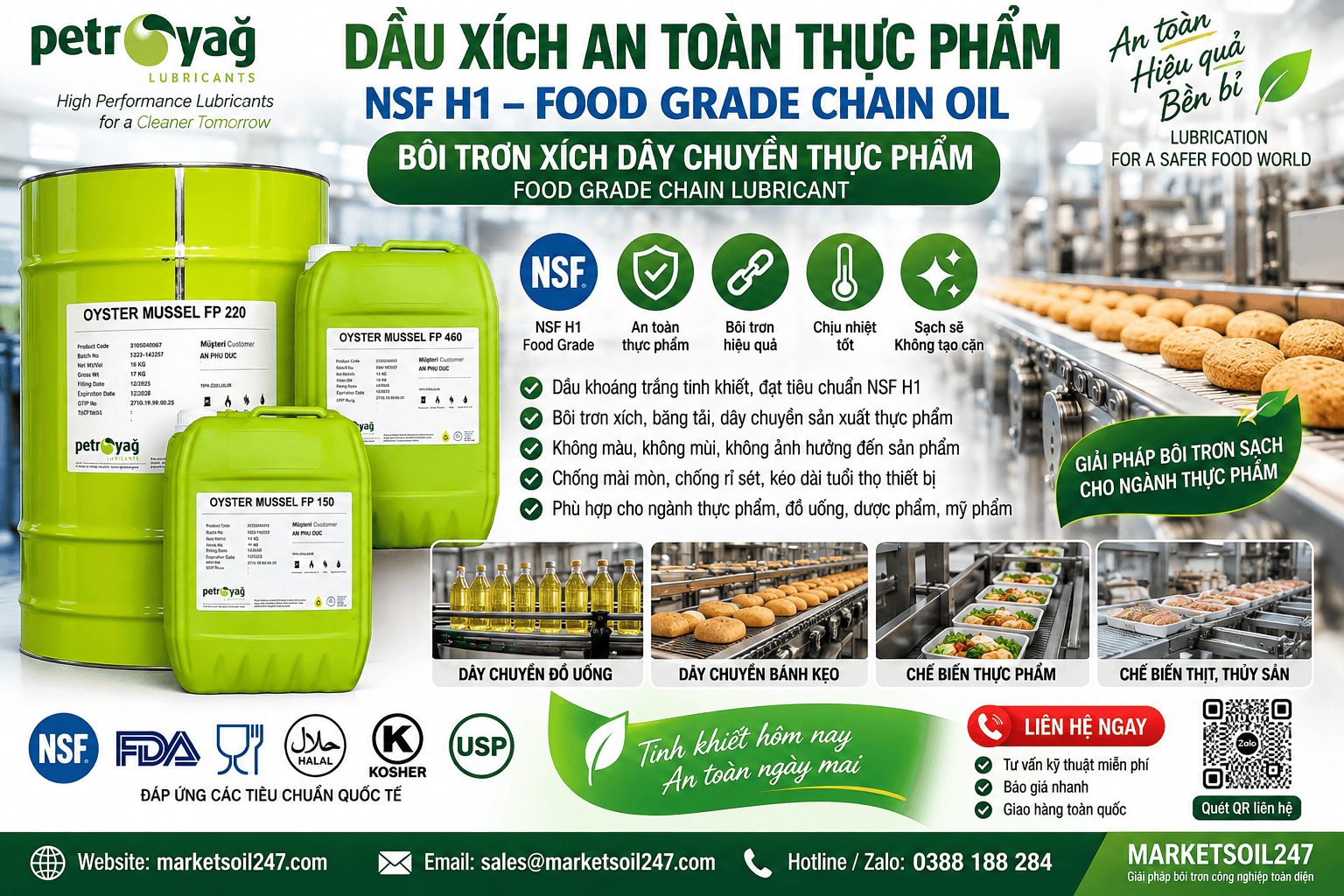 Dầu Xích An Toàn Thực Phẩm NSF H1 – Food Grade Chain Oil | Bôi Trơn Xích Dây Chuyền Thực Phẩm 17 Cung cấp dầu xích an toàn thực phẩm NSF H1 – Food Grade Chain Oil, Food Grade Chain Lubricant dùng bôi trơn xích, băng tải và dây chuyền thực phẩm. 食品级链条油 – 食品级润滑油.