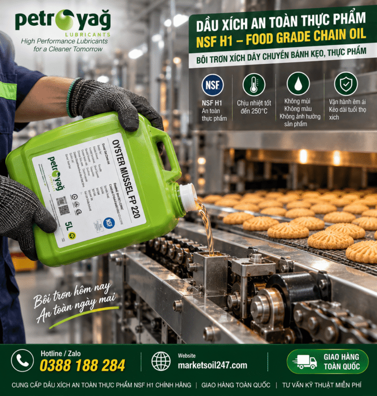 Dầu Xích An Toàn Thực Phẩm NSF H1 – Food Grade Chain Oil | Bôi Trơn Xích Dây Chuyền Thực Phẩm 20 Cung cấp dầu xích an toàn thực phẩm NSF H1 – Food Grade Chain Oil, Food Grade Chain Lubricant dùng bôi trơn xích, băng tải và dây chuyền thực phẩm. 食品级链条油 – 食品级润滑油.