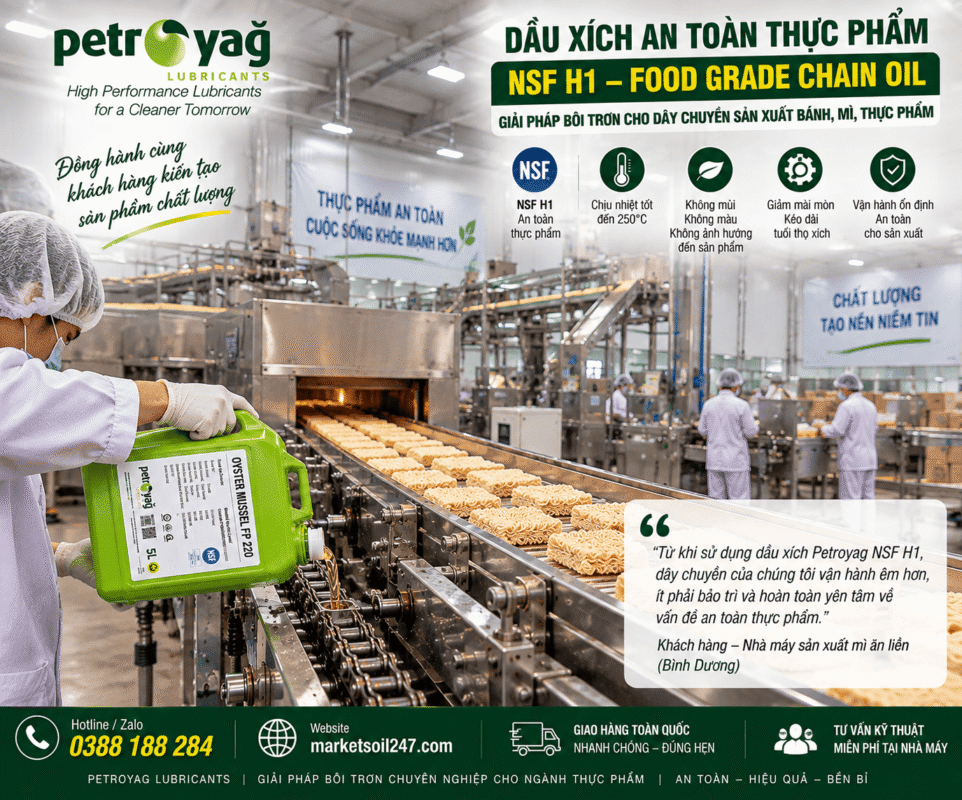 Dầu Xích An Toàn Thực Phẩm NSF H1 – Food Grade Chain Oil | Bôi Trơn Xích Dây Chuyền Thực Phẩm 19 Cung cấp dầu xích an toàn thực phẩm NSF H1 – Food Grade Chain Oil, Food Grade Chain Lubricant dùng bôi trơn xích, băng tải và dây chuyền thực phẩm. 食品级链条油 – 食品级润滑油.