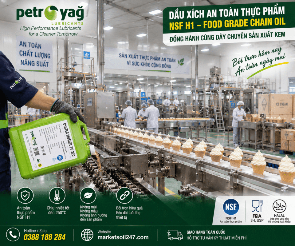 Dầu Xích An Toàn Thực Phẩm NSF H1 – Food Grade Chain Oil | Bôi Trơn Xích Dây Chuyền Thực Phẩm 18 Cung cấp dầu xích an toàn thực phẩm NSF H1 – Food Grade Chain Oil, Food Grade Chain Lubricant dùng bôi trơn xích, băng tải và dây chuyền thực phẩm. 食品级链条油 – 食品级润滑油.